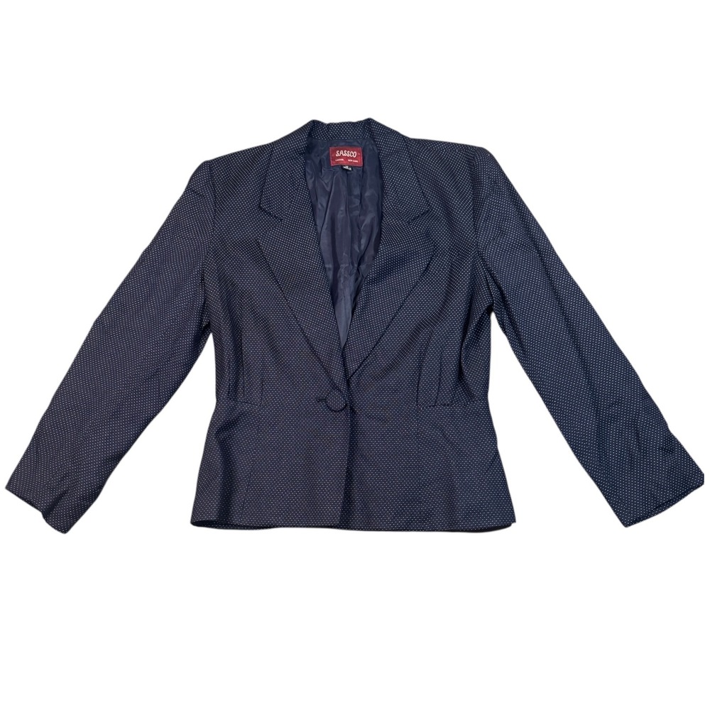 VTG SASSCO Navy Polka Dot Blazer Jacket Women Size 12 Single Button Office